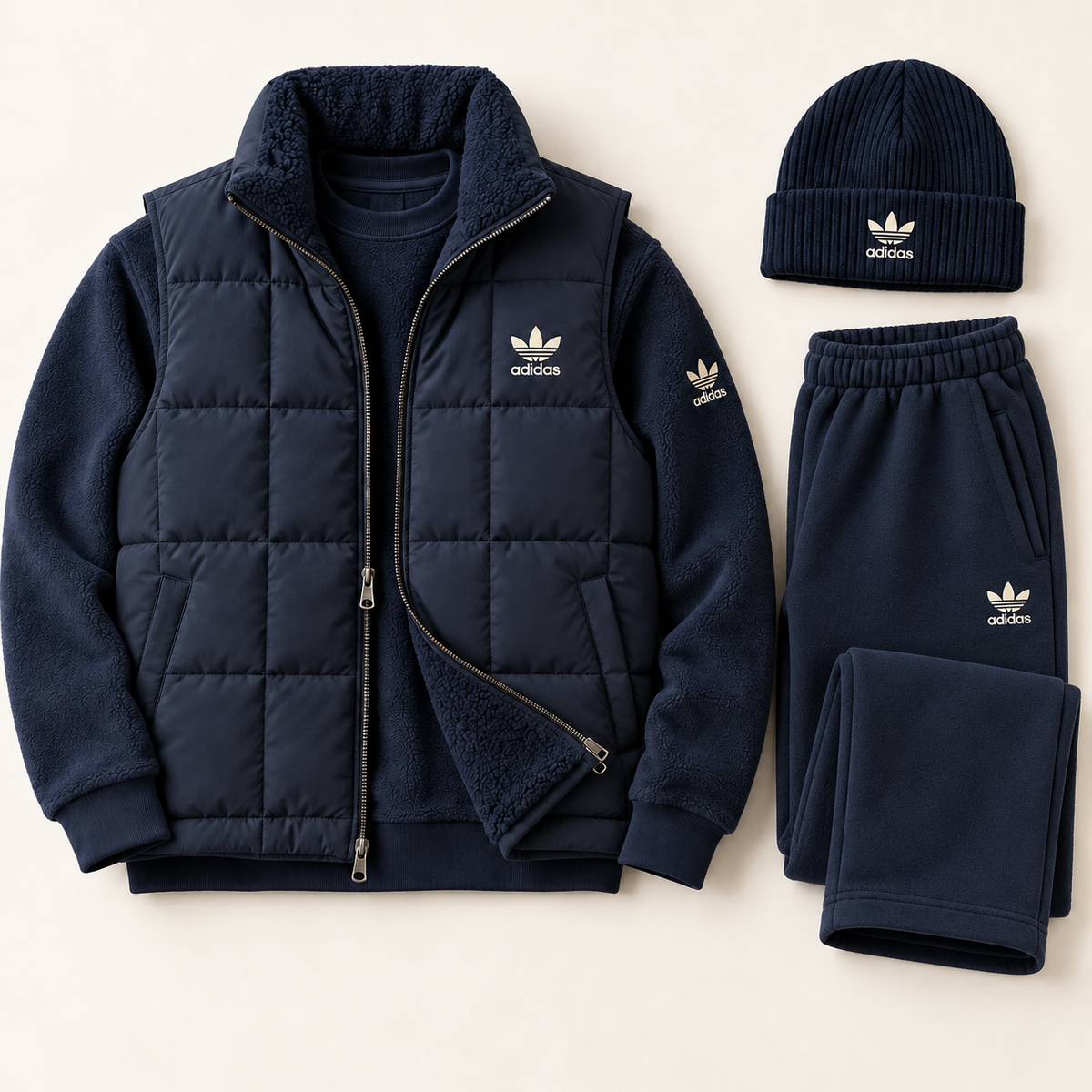 Originals Navy Fleece & Puffer Vest Tracksuit Set with Beanie