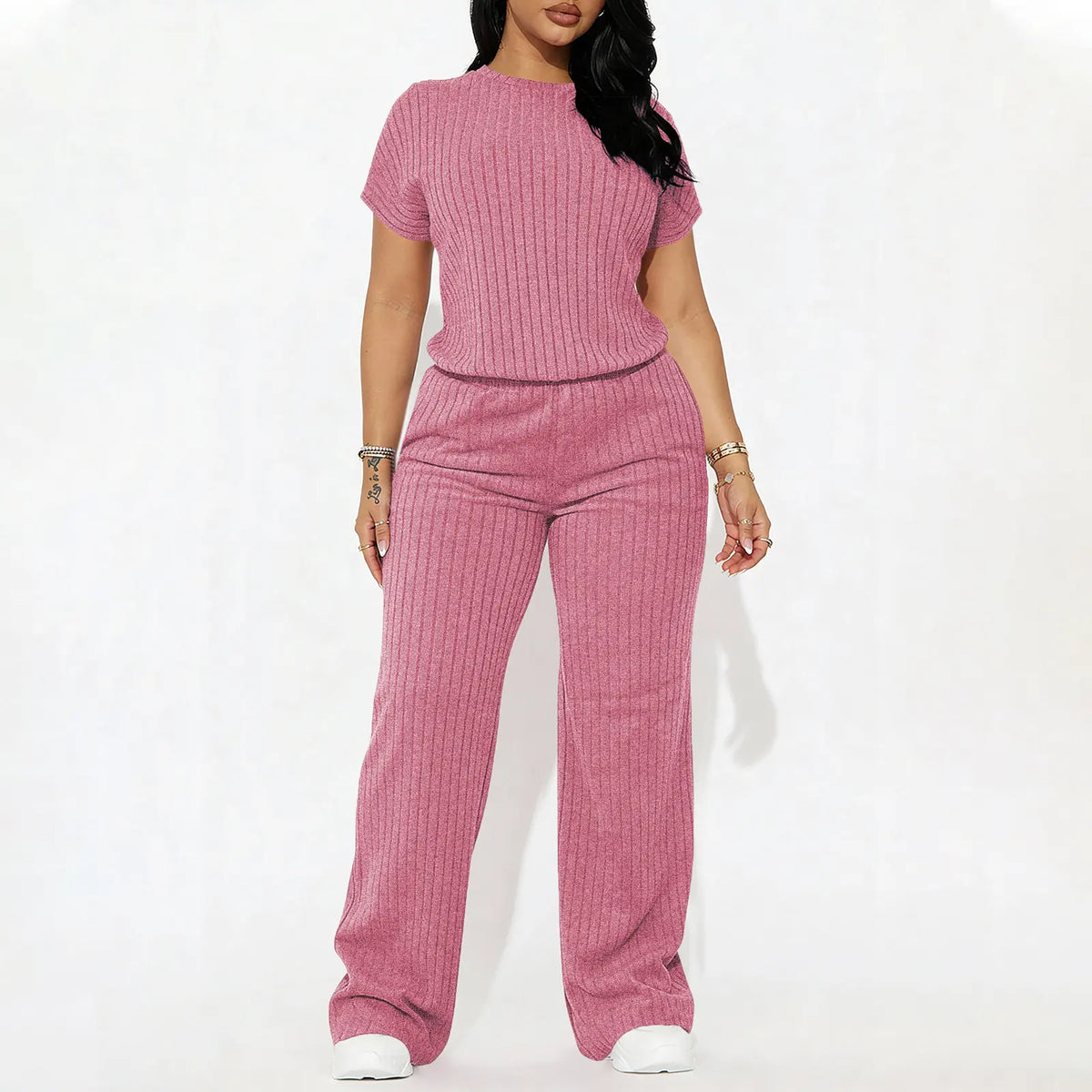 Women's solid color short-sleeved round neck ribbed top and wide-leg pants. Casual, slim-fit, stylish and comfortable set.